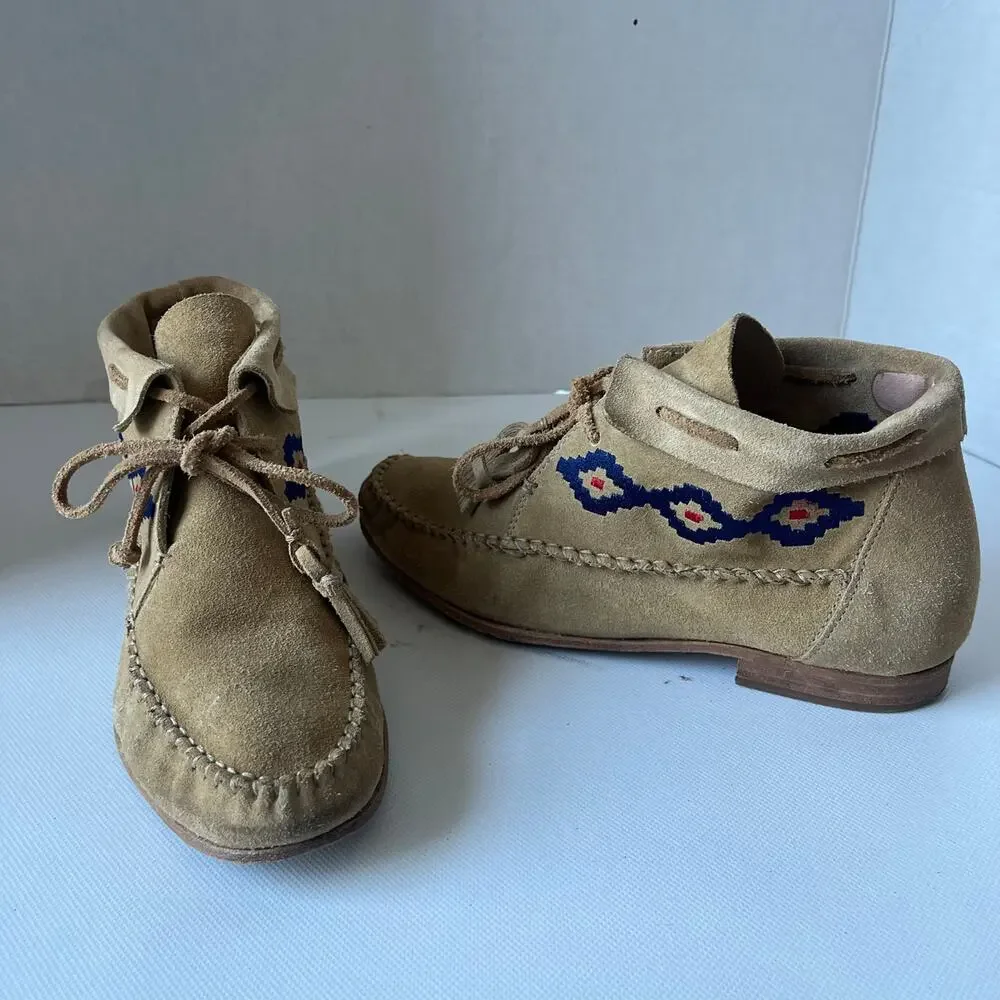 Soludos Suede Moccasin Womens Boots Sz 7 Boho Southwestern Embroidered  Festival